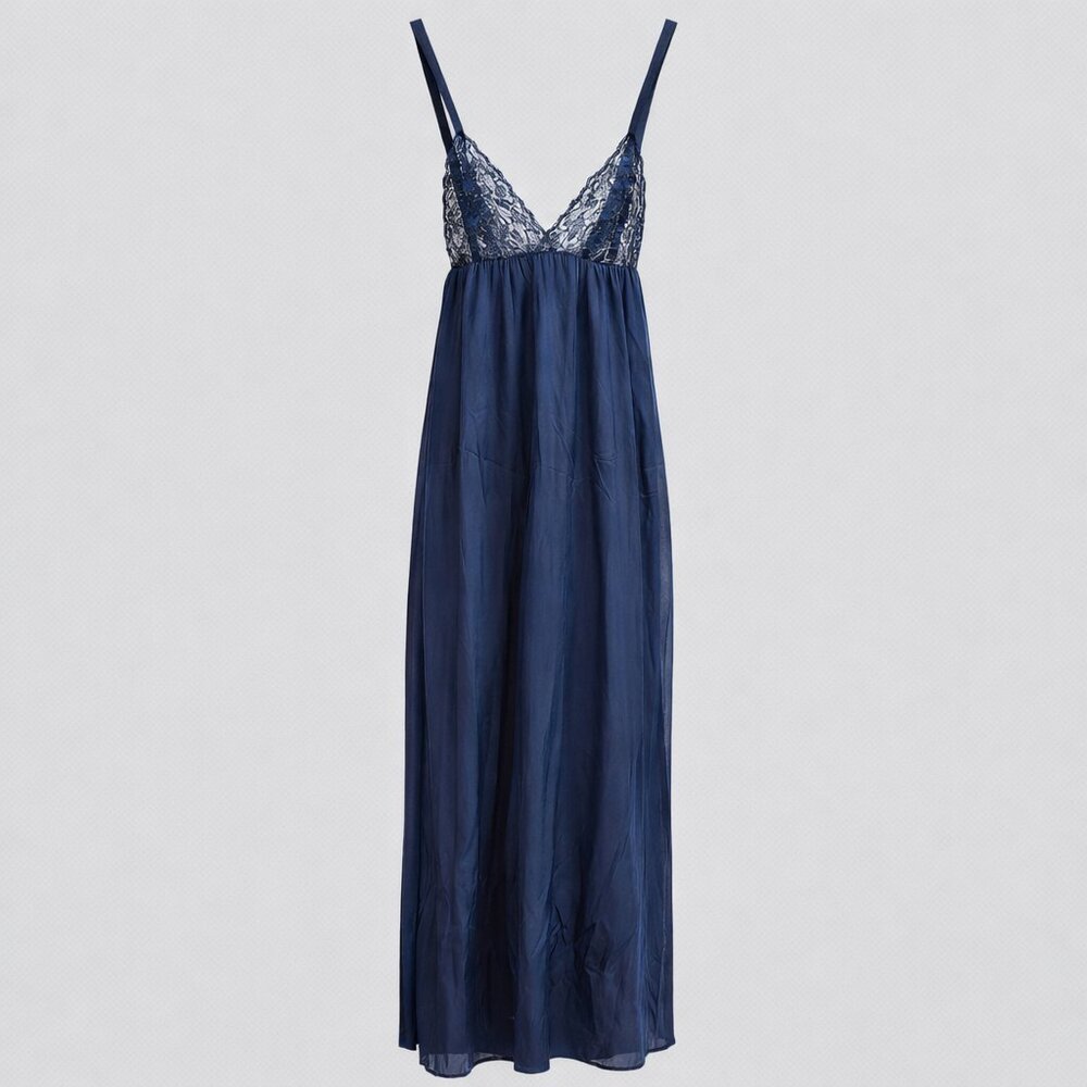 Vintage Superbrite Bradley Slip Dress Women M Blue Nylon Satin Lace 70s-80s Boho